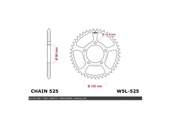 Alu Kettenrad 36 bis 50 Zähne 80mm/100mm/5 Loch T:525 für PVM TWM Marvic Marchesini Braking Felge